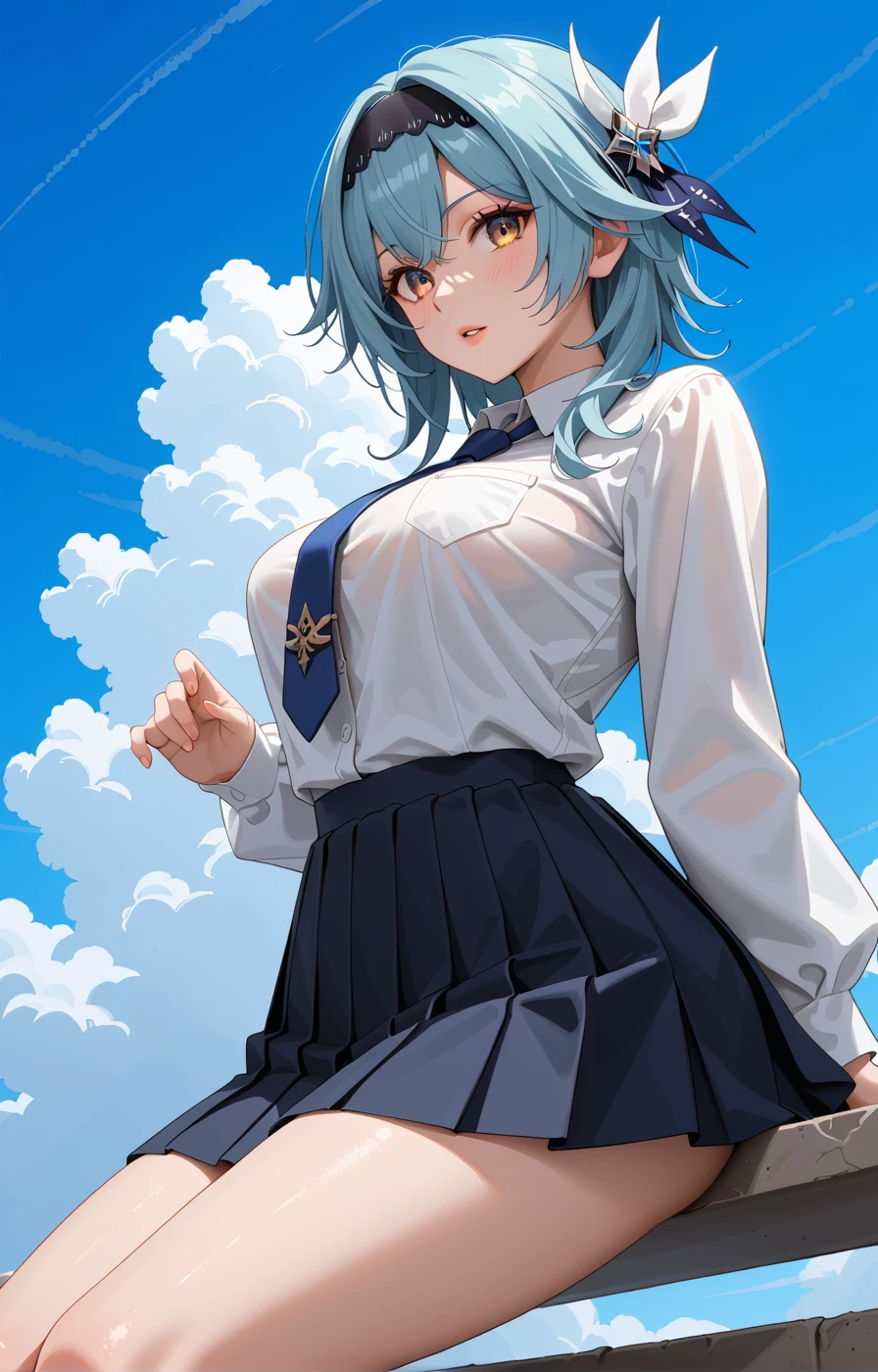 1girl, eula_(genshin_impact), solo, skirt, necktie, blue_hair, hairband, sky, shirt, looking_at_viewer, white_shirt, blue_sky, breasts, blue_necktie, long_sleeves, hair_ornament, sitting, cloud, school_uniform, yellow_eyes, parted_lips, bangs, black_hairband, pleated_skirt, medium_hair, blue_skirt, thighs, large_breasts, day, alternate_costume, outdoors, collared_shirt, medium_breasts