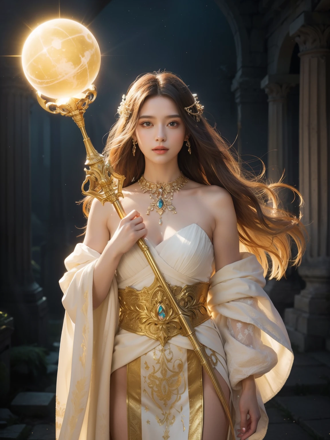 (​masterpiece, best quality:1.5), highest quality, High resolution, super detailed, Realists, Upper body photo of a brunette sorceress, detailed and beautiful eyes, beautiful detailed lips, very detailed eyes and face, longeyelashes, shiny satin dress, Holding a wand in your hand and performing a transformation spell, The snake in the other hand turns into a long golden rod, Magic wands present and shiny, Beautiful and colorful makeup, elegant and noble々The jewelry bag, Gardens as background, soft daylight, bright colors, fine brushstrokes, Portrait style, Silk dress fabric, beautiful color palette, glowing skin, First-class rendering, that captures every detail, enchanting atmosphere, subtle shadows and lights, (perfect anatomy:1.2), (The stunning sorceress transforms a snake into a golden staff  (a transformation with the magic wand:1.4), (magnificent panorama view:1.2)