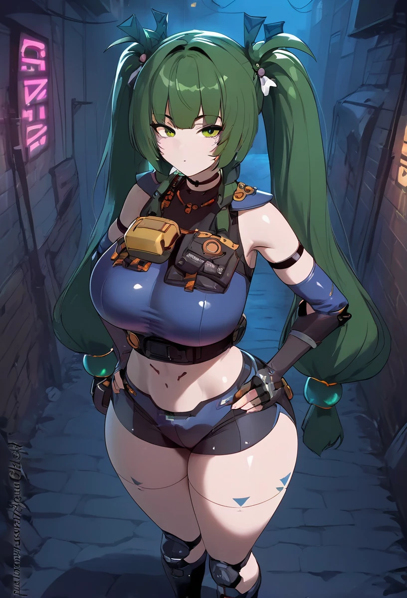 Anime girl with green hair and green hair in a dark alley, BoobsCyberpunk, thick, Full black latex inspired by Shiro Mafune , Biomechanical Chest, Villain Anime Girl,  cyberpunk anime girl , female  cyberpunk anime girl ,  seductive anime girl with adorable eyes, Anime Cyberpunk Art,  mechanical soldier girl , Digital cyberpunk anime art,  Android Heroine , 