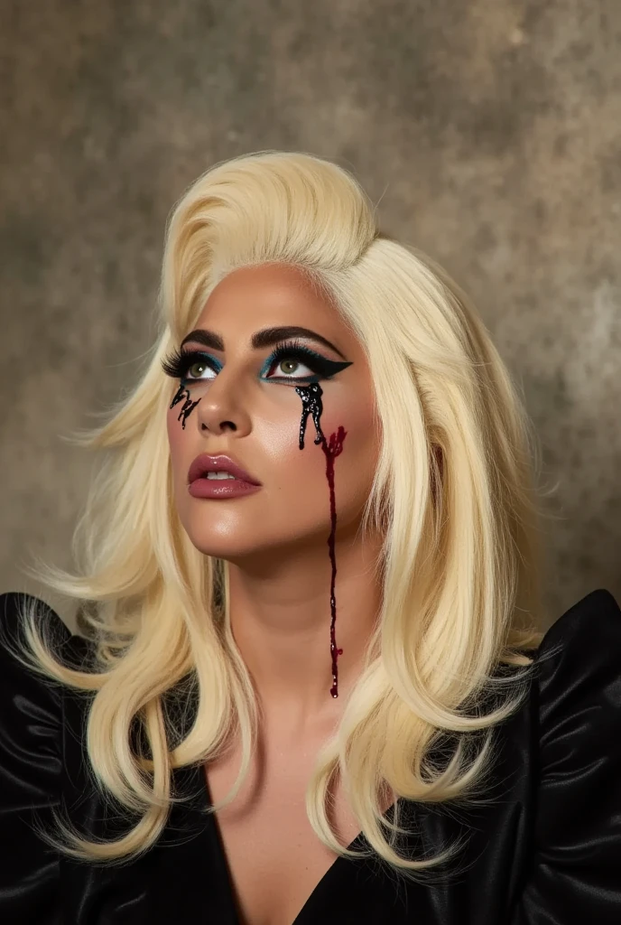 
arafed lady gaga with black makeup and blood dripping down her face, lady gaga artpop act ii, lady gaga artpop act ii album, portrait of lady gaga, artpop, lady gaga, lady gaga with her venus blonde hair, glossy magazine photoshoot, hq artwork, flora borsi, with green eyes, photo from vogue magazine,