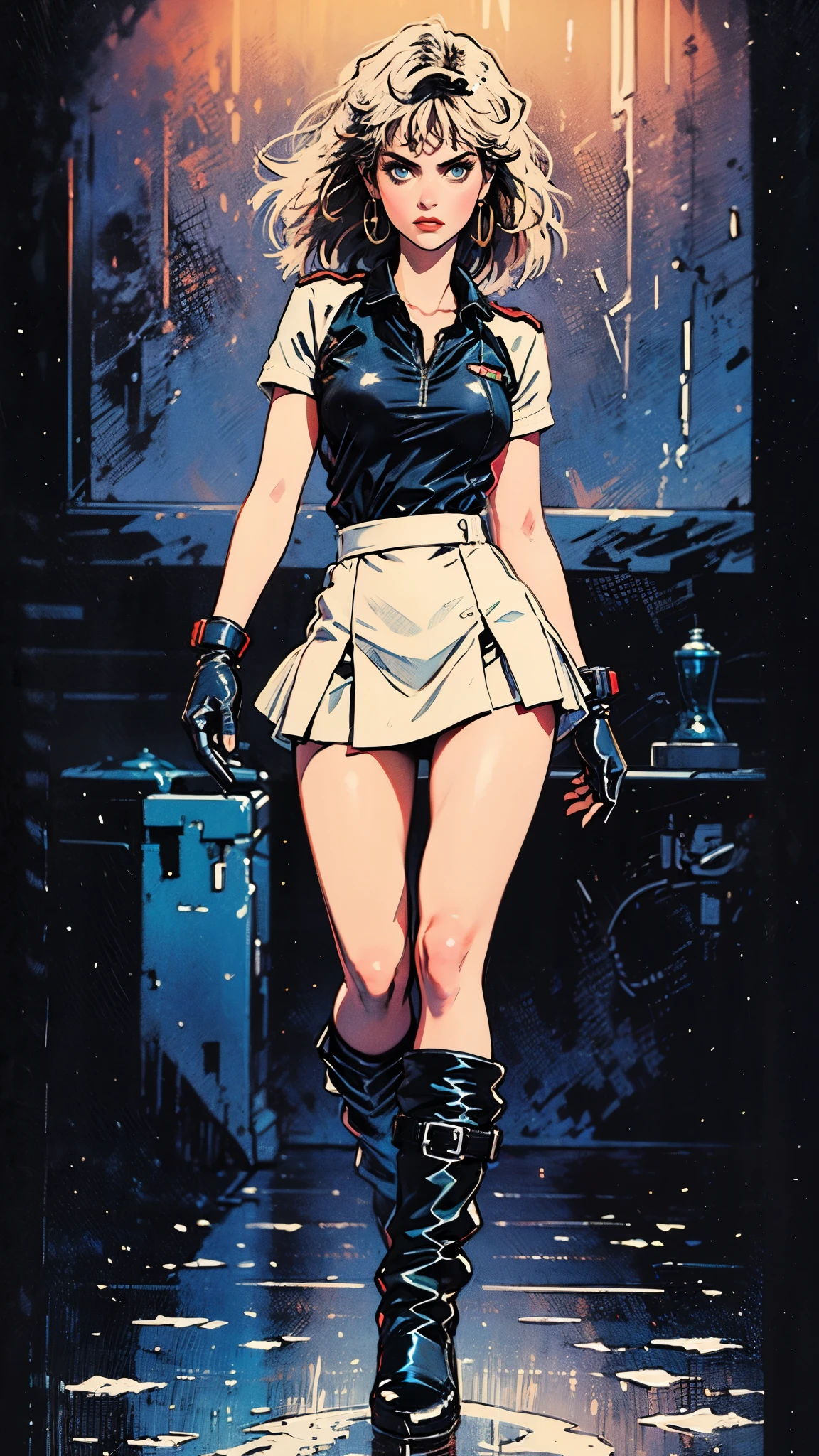 (best qualityer))), (((manga strokes))), (((white bob hair with short straight bangs and red highlights))), (((Lucy Cyberpunk the anime))), (((short shorts with 2 side stripes))), uma Kizi jovem muito bem vestida com roupas modernas de inverno, top gift vertical stripes, short jacket with high collar, beautiful and expressive face, slightly-smile, big eyes with long black eyelashes, heavy make-up, chains and spikes scattered across clothes, contrasting colours, pose de atitude, hair with a modern and futuristic cut, urban game poster art, dramatic camera angles, an abandoned factory with giant weird machines in the background, design mixing contemporary and retro, made by Shepard Fairey, (((cowboy shot))), (((best qualityer: 1.4))), (Unbeatable masterpiece), (hiper HD),(CG 8k hyper-realistic), Kizi, (((standing alone))), pirralha violent, (((14歳))), sexly, pose de atitude, work of art, post-apocalypse, (((manga style))), bounty hunter, violent, Manic, the way you want, slenderbody, thin but strong, perfectbody, roupa moderna, advanced technology, sleeves with vertical striped pattern, intricate visual