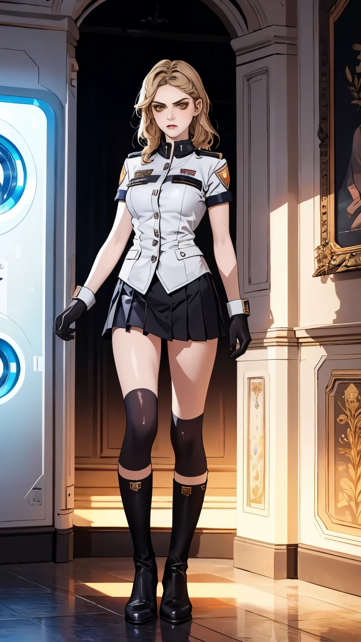 (masterpiece:1.2, best quality:1.2, extremely delicate:1.2), ((Alexandra Daddario:1.2)), a girl with short light golden hair, a metal headband on her forehead, icy gaze, detached expression, smooth and exquisite facial appearance, perfect body, perfect skin, porcelain skin, pale skin, sci-fi military uniform, short sleeves, gloves, short skirt integrated with the outfit, dark fitted pants, knee-high military boots, the color scheme is primarily White with Blue and Yellow accents, surrounded by AR virtual interfaces, standing in a futuristic sci-fi-styled room, this character embodies a finely crafted futuristic sci-fi female officer in anime style, exquisite and mature art style, exquisite photography, Photo realism, photorealistic, even and soft lighting on face, dramatic, high definition, highres, ultra-detailed, ultra-fine painting, professional, perfect body proportions, anatomically correct, symmetrical face, extremely detailed eyes and face, high quality eyes, creativity, RAW photo, UHD, 32k, portrait lighting, Natural light, cinematic lighting, (masterpiece-anatomy-perfect:1.2)