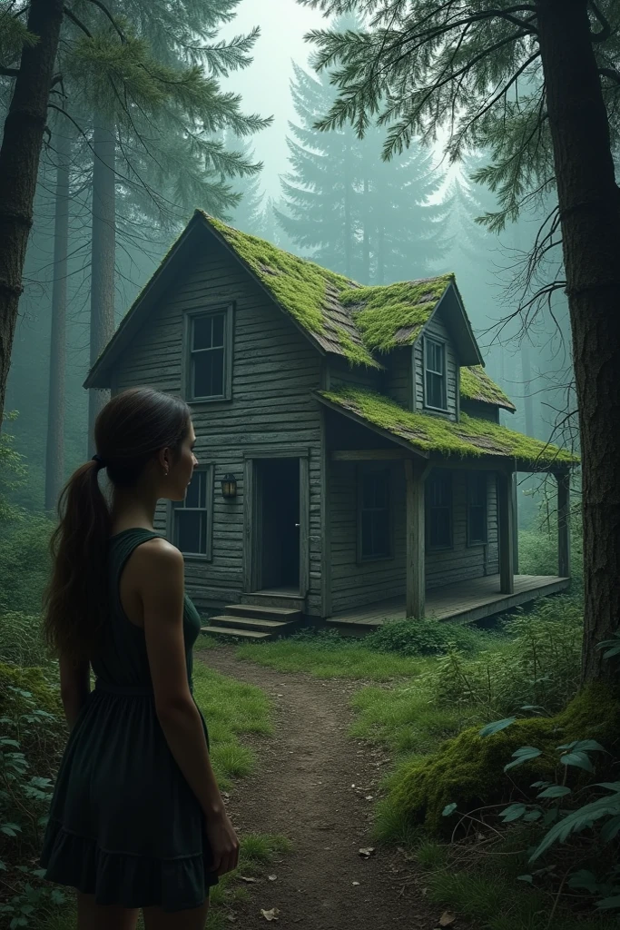Girl leaving an old house in the woods