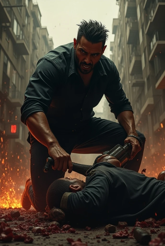 Best quality, masterpiece, ultra high res, photorealistic:1.5, raw photo,ultra reality, bearded man, short hair, a man standing over a group of injured gangsters, wearing gray checkered shirt,holding knives in both hands, bloody hands, injured, some bruises, fighting, in the warehouse, cinematic lighting