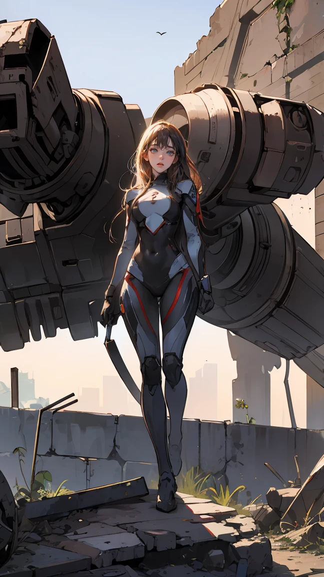 number art, Best quality at best, The is very detailed, Manhwa Style, Pure comic color, 3/4 low angle cameras, Full body photo : Attractive Caucasian woman with long dark purple hair, pony tails, lipstick gloss, Wearing a sci-fi thin exoskeleton Gundam suit, Chuanghui, Painted signs, Standing high on a pile of broken walls, natural skin, Natural textures, natural body posture, bokeh, Futuristic destroyed city background, criando um contraste impressionante, perfect woman form