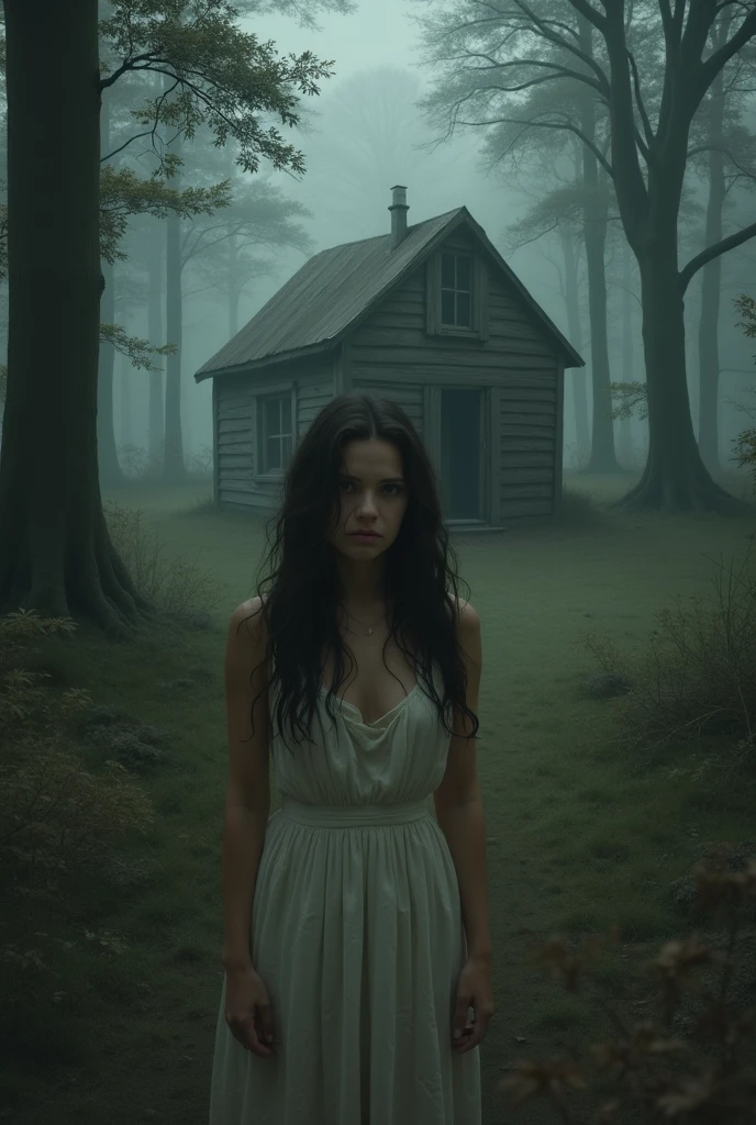 Horror lady sitting on wooden chair fr9m window shows a jungle 