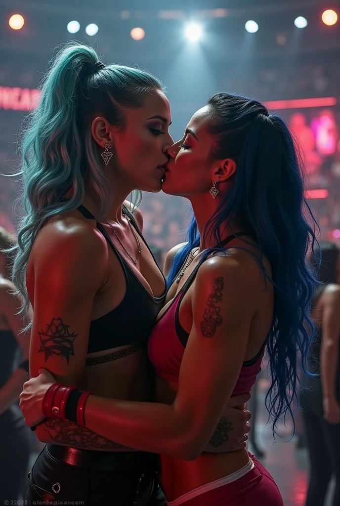 Sexy big tits wrestler in ring wwe logo fighting another sexy wrestler