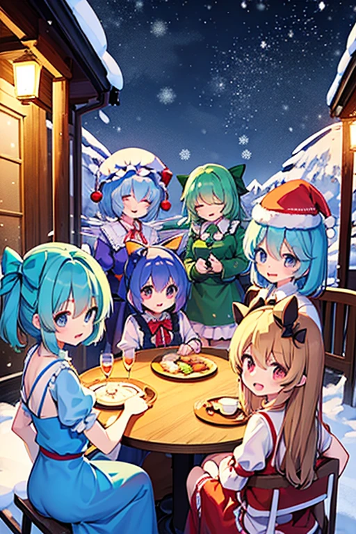 Masterpiece, best quality, wizard tea party, magic tea party, magic, chibi, handsome witches, highly detailed realistic eyes, happy, vibrant, colorful,