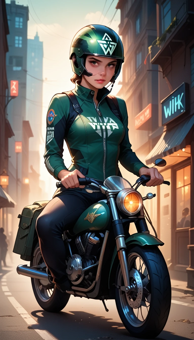  Highest image quality,  details pendentes ,  ultra-high resolution , (realism: 1.4), The Best Illustration, Please, details,  highly condensed 1girl ,  With a delicate and beautiful face ,  dressed in a black and green wick  , wearing a wick helmet , holding a directional controller, riding a motorcycle, the background is a high-tech lighting scene of the future city.