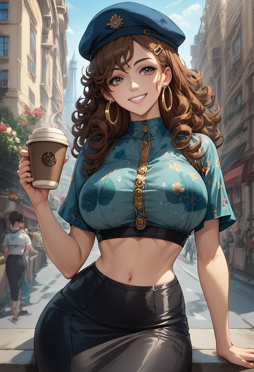 1girl, long brown hair, hair clips, black, French beret hat, gold hoop earrings, curly hair, crop top with floral print, long black skirt, brown slippers, holding coffee cup, tight smile, Paris Eiffel Tower background, 1girl, solo, masterpiece, best quality, (anime art style:1.0), 2d, dynamic shadows, masterpiece, best quality, (anime art style:1.0), 2d, dynamic shadows, atmosferic, round breasts