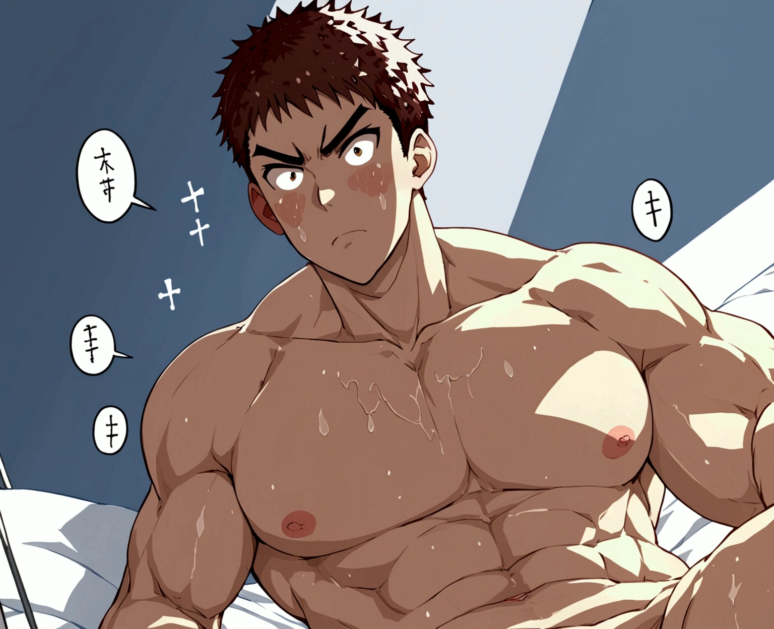 ((androgynous)), beautiful, (very short hair), (pudgy face), nipples, (へそ), ((boyish)), (cute), (chubby), belly, (sexy), (thick), (beefy), (nude), (handsome), muscular