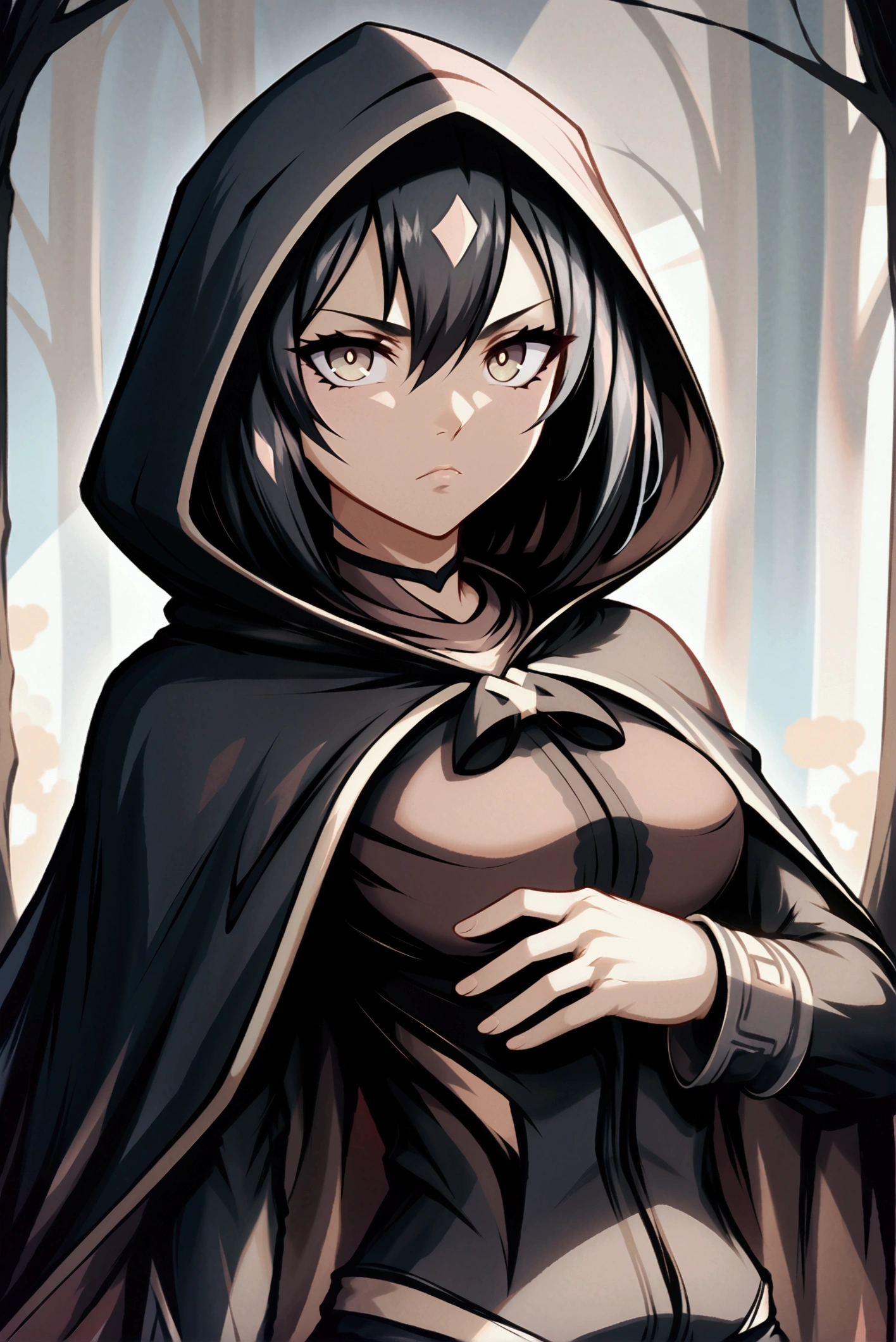 {{%Sincos%}}, solo, female, young woman, slender frame, adventurer, black cloak, black vestment, black trousers, black boots, bow in hand, quiver on back, black hood, short black hair, hazel eyes, serious expression, soft expression, standing in forest