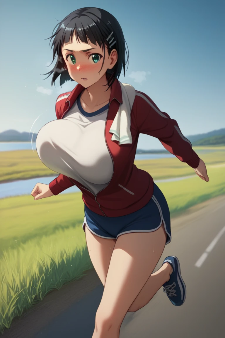 suguha kirigaya, short hair, black hair, hair ornament, hairclip, green eyes, huge breast, slender breasts, jacket, shorts, short shorts, blue shorts, track jacket, dolphin shorts, gym shorts, red jacket, shirt, black shirt, (hang a towel around shoulders:1.2), nose-blush, steam, flowing sweating, (running:1.2), bouncing breasts, from front, looking at viewer, clear sky, river side, grass, road, full-body shot, masterpiece, best quality, ultra-detailed, high resoolution, 8K, detailed background, (motion line:1.2), dynamic moving,