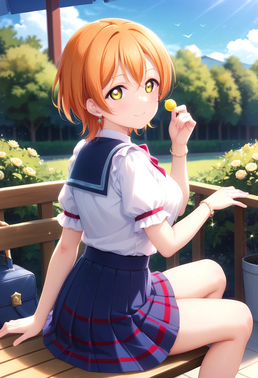 {{{masterpiece}}}, {{{best quality}}}, {{ultra-detailed}}, {illustration}, {{an extremely delicate and beautiful}}, orange hairRin Hoshizora Love Live 星空 凛、 orange hair、 short hair on the nose 、Yellow Eyes、20old、adult、White blouse＋ Pleated Skirts / garden /  sit on the bench、Looking back sexy 、 disgusting、smile、background 部屋、 orange hair