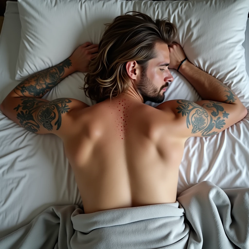 hipster man, naked, laying on the bed and covering with flower, view from the back