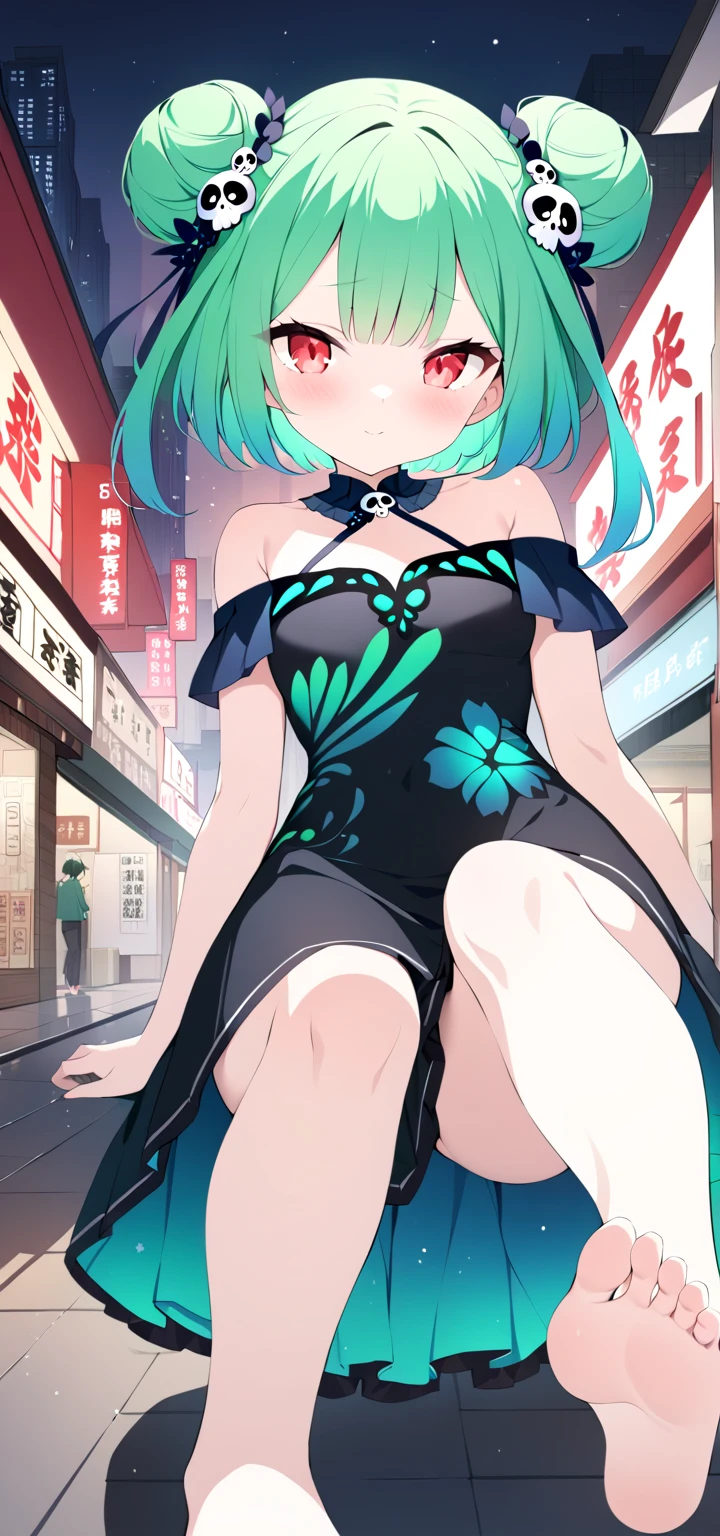 score 9, score 8 up, score 7 up, 1girl, Alone, looking_at_viewer, low angle, foot_focus, masterpiece, best quality, high resolution, ultra-detailed, uruha rushia,double bun, green hair, hair bun, hair ornament,red eyes, short hair, skull hair ornament,Virtual YouTuber,1_beautiful_girl, full body,barefoot,blush,,cute_face,perfect_quality,perfect_anatomy,masterpiece,off-shoulder china dress,bare foot,night japanese city ,Inside the Chinatown store,Spoiled face 