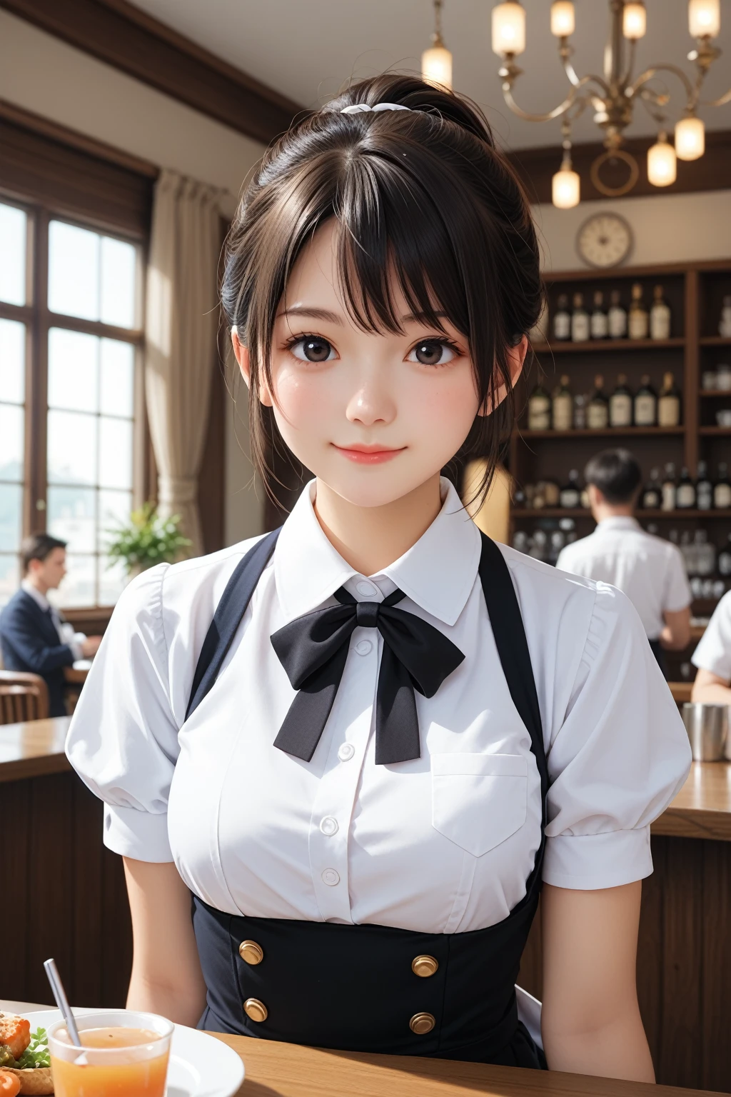 score_9,score_8_up,score_7_up,BREAK, rating_safe,source_real,one girl,tiny,medium shot,round face,round chin,idol eyes,black eyes,waitress uniform,small nose,small mouth,straight hair,smile,looking at viewer,medium breasts,indoors