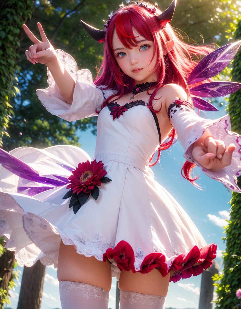 IrysBase, heterochromia, long hair, double halo, detached wings, white dress, detached sleeves, bare shoulders, flower, purple thighhighs, good anatomy, two arms, two legs, laugh, dynamic pose, (looking at viewer)