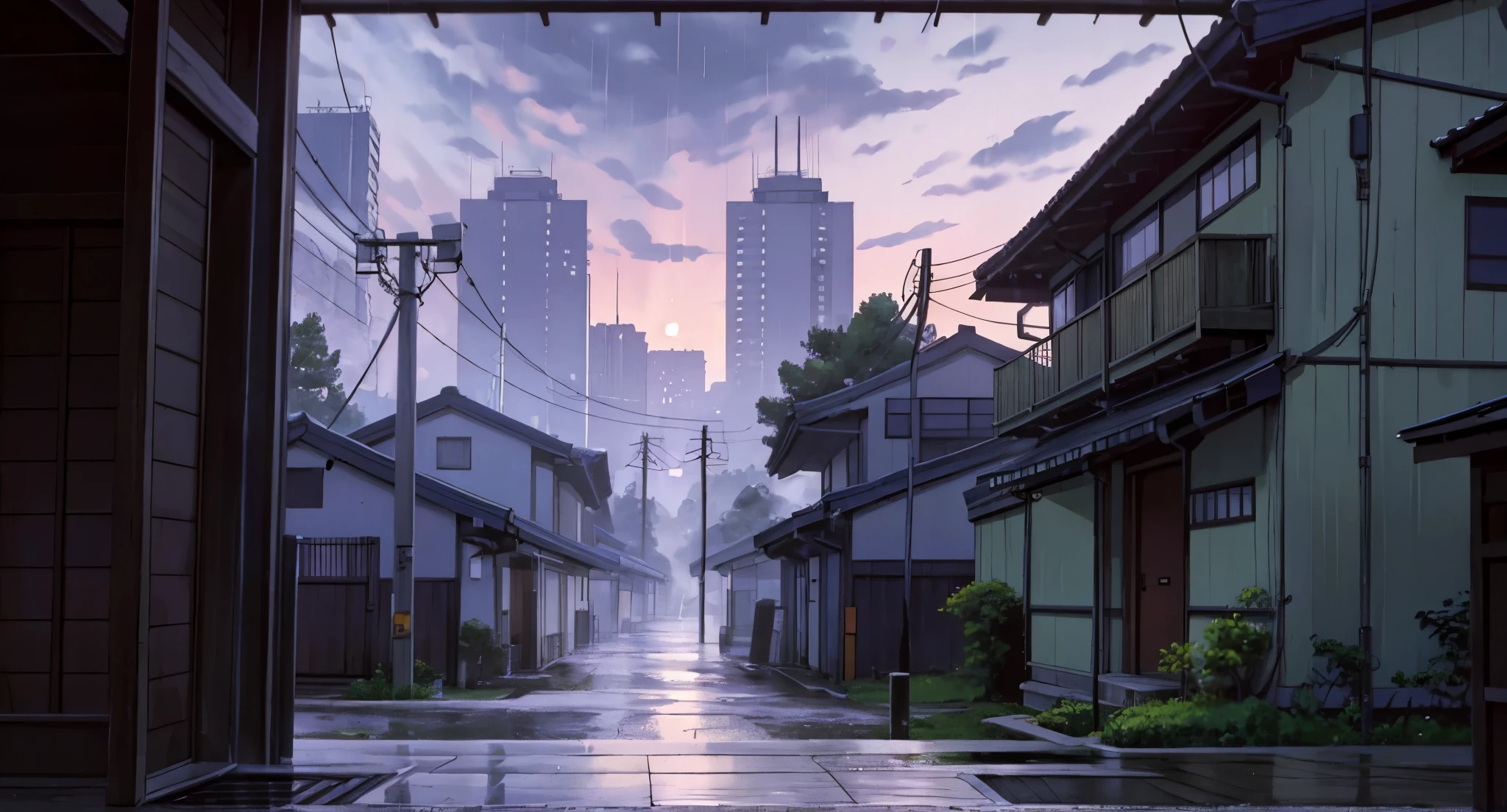 The year is 1980 in Japan.
Sendai is a large city filled with small, modern homes built close together surrounded by many trees. The height of Sugisawa High overlooks the entire city.
Close View from the Helicopter.
Rainy Sky. Raindrops falling.
(Daytime) ((Light Grey Purple Sky)) (GREY)
(No humans) (No People) (No Citizen) (No Pedestrians)
High Quality,
UHD Quality,
2k,
4K Resolution,
8K Resolution,