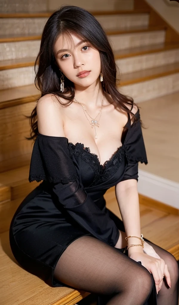  beautiful woman sitting on stairs 、lace off shoulder 、 thin black pantyhose、Long skirt with slits、
 high definition , masterpiece,  textured skin,  Ultra High Definition,  best quality, 
8k、4K、 Necklaces 、 bracelets staring at the viewer、earring
beautiful skin 、Beautiful breasts、 cleavage