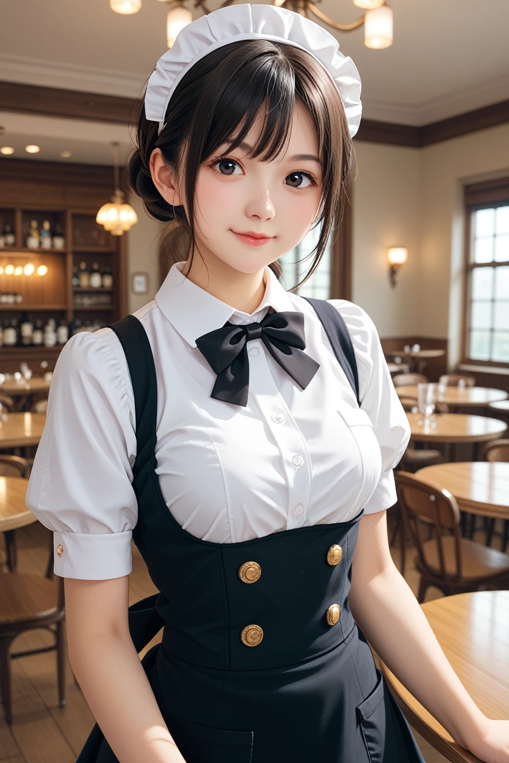 score_9,score_8_up,score_7_up,BREAK, rating_safe,source_real,one girl,tiny,medium shot,round face,round chin,idol eyes,black eyes,waitress uniform,small nose,small mouth,straight hair,smile,looking at viewer,medium breasts,indoors