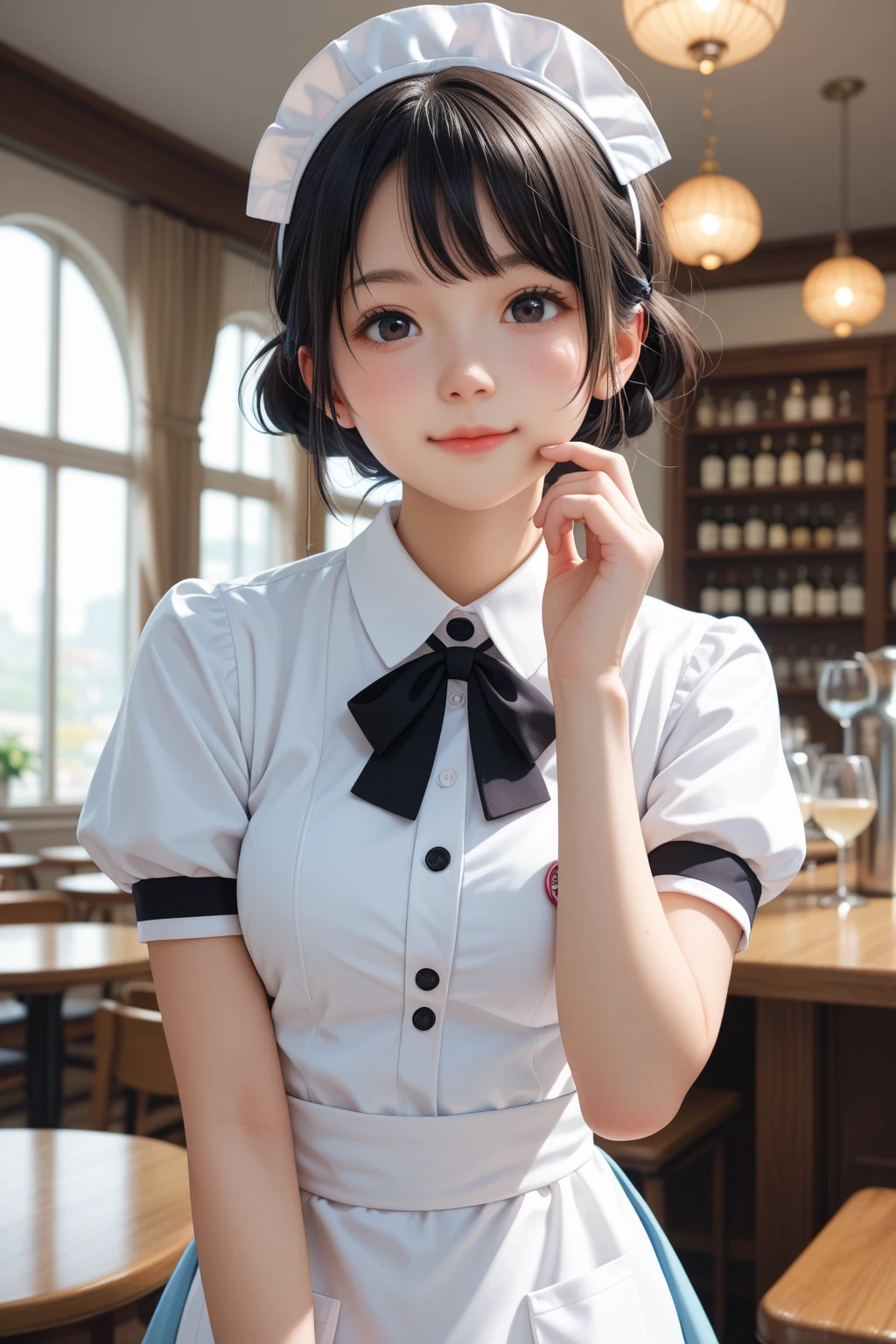 score_9,score_8_up,score_7_up,BREAK, rating_safe,source_real,one girl,tiny,medium shot,round face,round chin,idol eyes,black eyes,waitress uniform,small nose,small mouth,straight hair,smile,looking at viewer,medium breasts,indoors