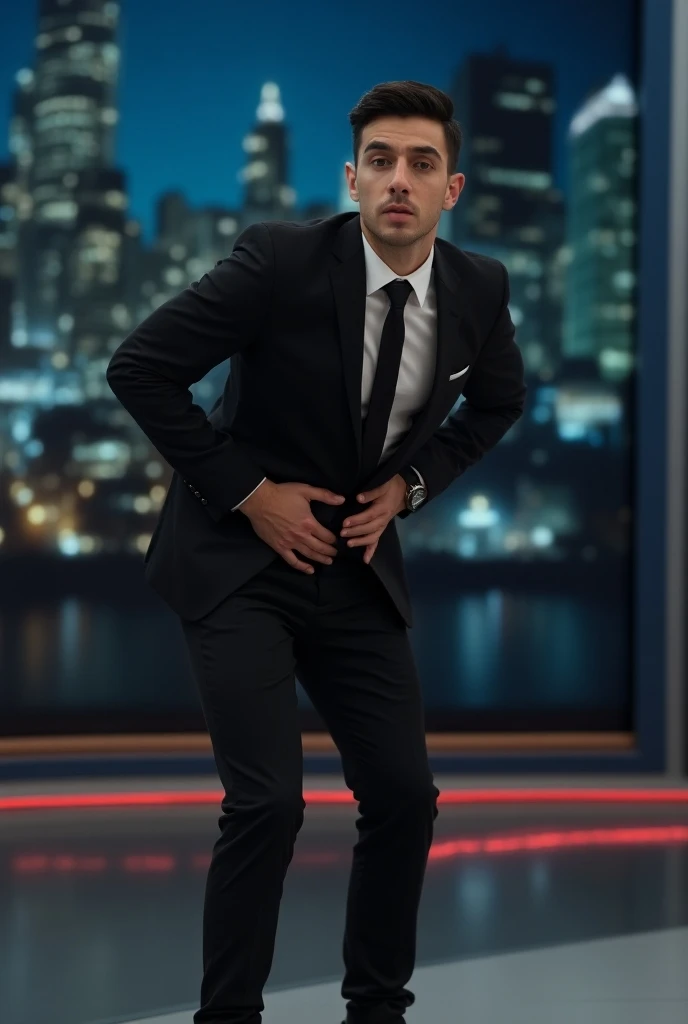 There is a strong bearded Puerto Rican man in a white dress shirt, black naughty underwear, Bulge, looking at a cameraman in front of him, gesturing, in a TV news, in a large journalism studio of a TV channel.