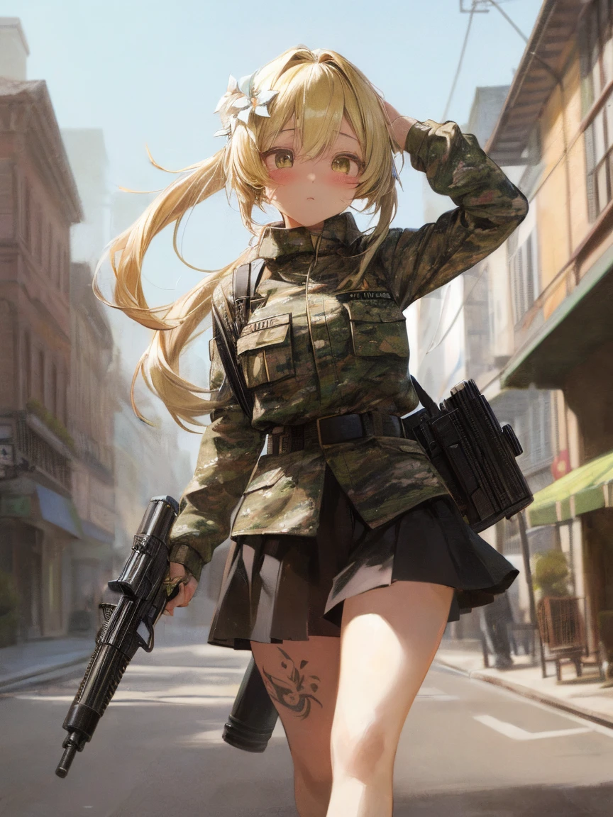 (masterpiece, highest quality:1.2),  1 girls, , ((She's wearing a very cute outfit)),  ((camouflage uniform)) , ((battlefield)) , The building is on fire , Has a rifle, (eyes half closed), (large tears), (lots of drool), The body shakes violently, ((Hasselblad Photos)), [:(detailed face:1.2):0.2],(Cute tattoo), orgasm , aroused , Big breasts , Sexy pose , Hair accessories , Black twin-tail hairstyle,  (Cute tattoo) 