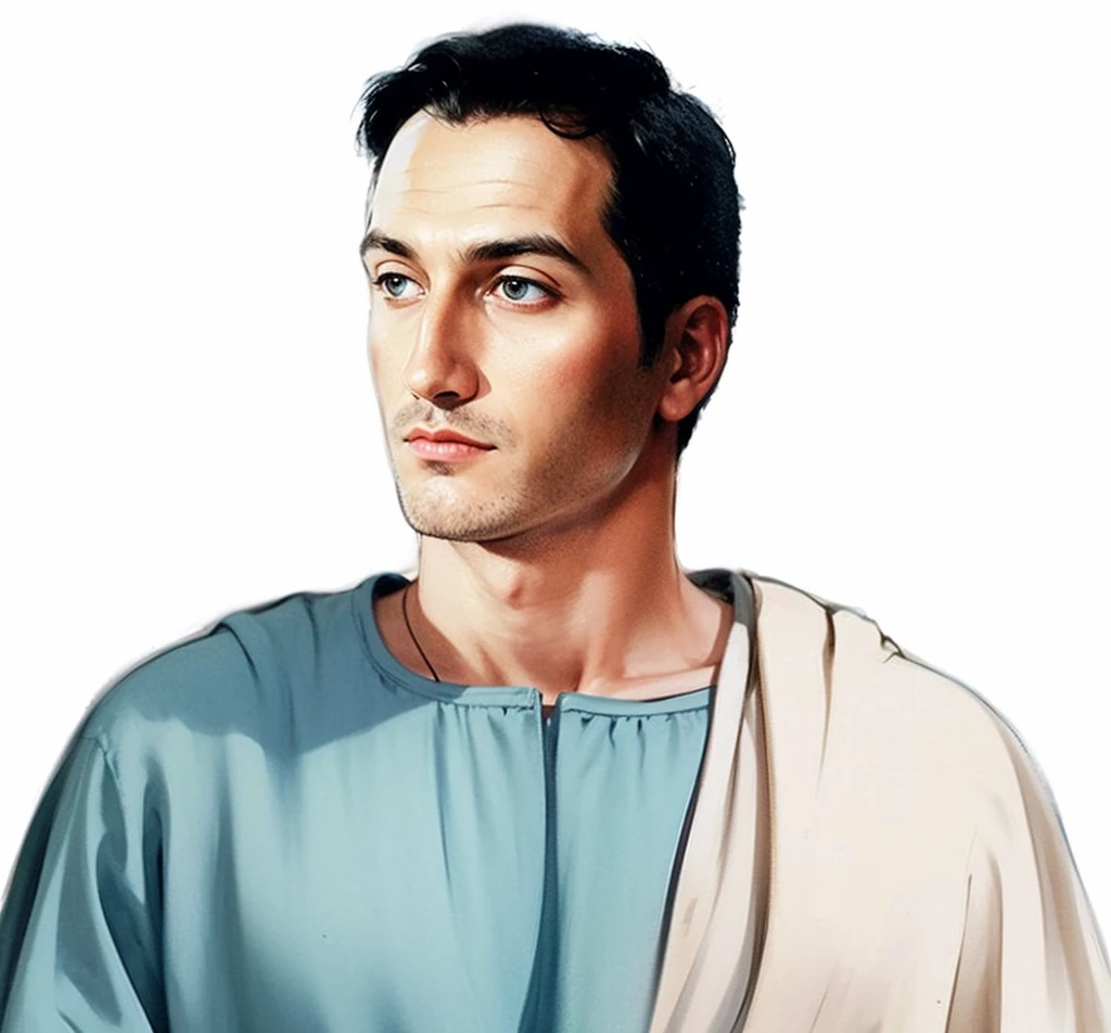 man, senator of rome of Christ age, clothes blue and white, brown and short hair, blue eyes, light skin