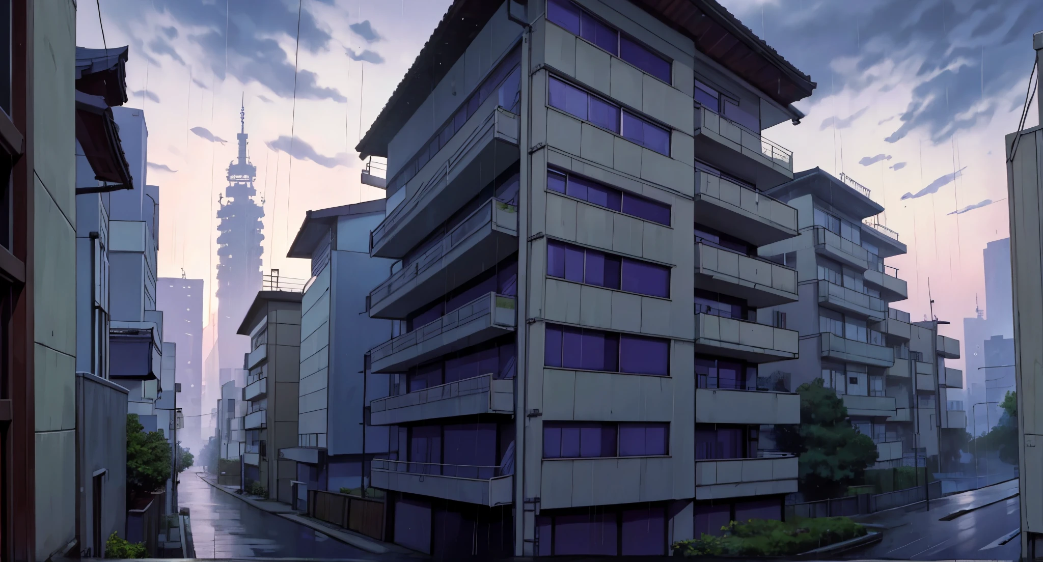 The year is 1980 in Japan.
Sendai is a large city filled with small, modern homes built close together surrounded by many trees. The height of Sugisawa High overlooks the entire city.
Close View from the Sky.
Rainy Sky. Raindrops falling.
(Daytime) ((Light Grey Purple Sky)) (GREY)
(No humans) (No People) (No Citizen) (No Pedestrians)
High Quality,
UHD Quality,
2k,
4K Resolution,
8K Resolution,