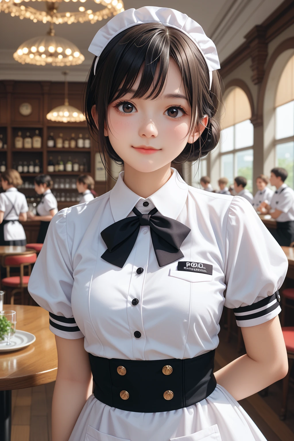 score_9,score_8_up,score_7_up,BREAK, rating_safe,source_real,one girl,tiny,medium shot,round face,round chin,idol eyes,black eyes,waitress uniform,small nose,small mouth,straight hair,smile,looking at viewer,medium breasts,indoors