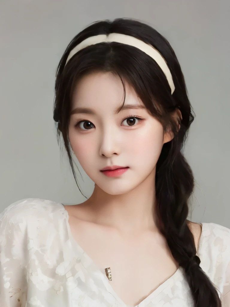 1girl, solo, realistic, black hair, portrait, black eyes, lips, closed mouth, hair between eyes, masterpiece,  (photorealistic), raw photo, korean girl, pretty girl, rounded eyes, delicate lips, cherry lips colored, perfect small nose, thin nose, youthful face, light colored clothing, normal expression