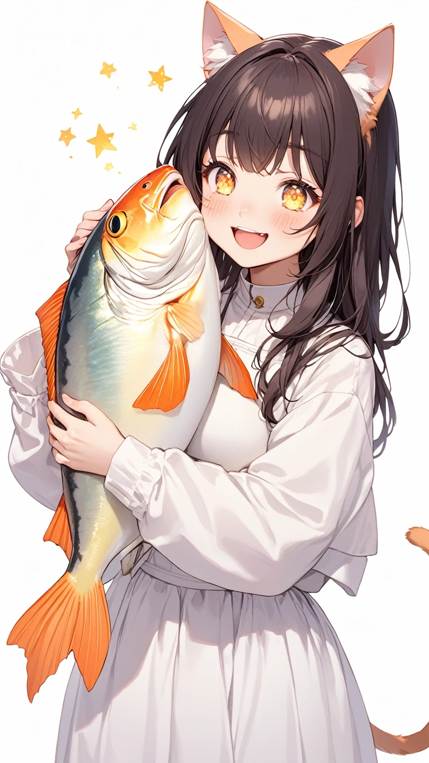 Cat ears, cat tail, Cat girl, holding a big fish in both hands, sparkling eyes, big smile