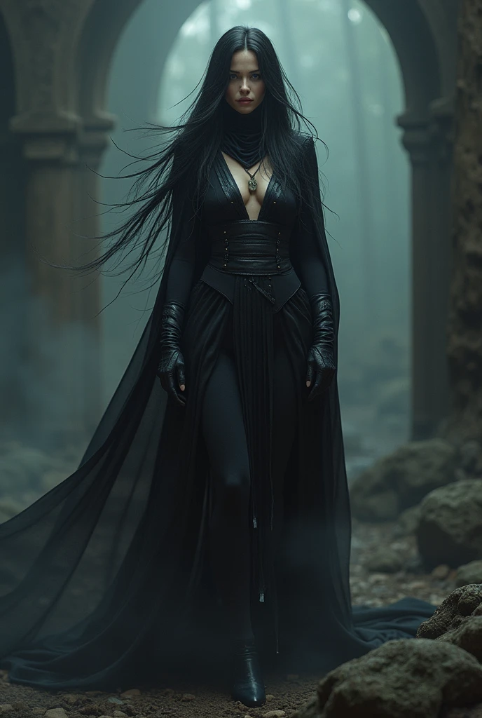 Demon Queen, Two Horns oni, one horn is broken, light skin tone, tail is two meters long with a heart on the end of it in black, one small fang is visible from the mouth