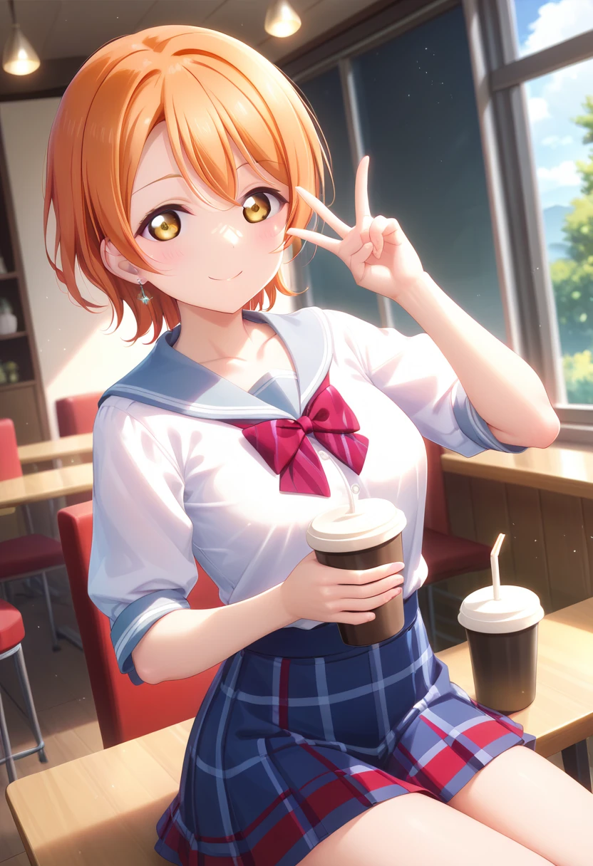 {{{masterpiece}}}, {{{best quality}}}, {{ultra-detailed}}, {illustration}, {{an extremely delicate and beautiful}}, orange hairRin Hoshizora Love Live 星空 凛、 orange hair、 short hair on the nose 、Yellow Eyes、20old、adult、V-neck knit＋ flared skirt showing right shoulder / Cafe / Smile with a coffee cup in your hand 、 sexy、 disgusting、smile、background 部屋、 orange hair