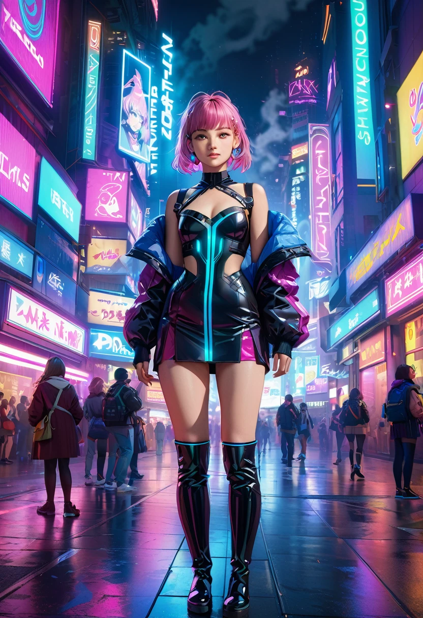 1girl, virtual idol, beautiful girl, 1980s retro digital world, technopop, vibrant colors, dress, long boots, detailed eyes, detailed lips, extremely detailed face, cinematic lighting, volumetric fog, neon lights, glowing cyberpunk city, intricate futuristic architecture, (best quality,4k,8k,highres,masterpiece:1.2),ultra-detailed,(realistic,photorealistic,photo-realistic:1.37)