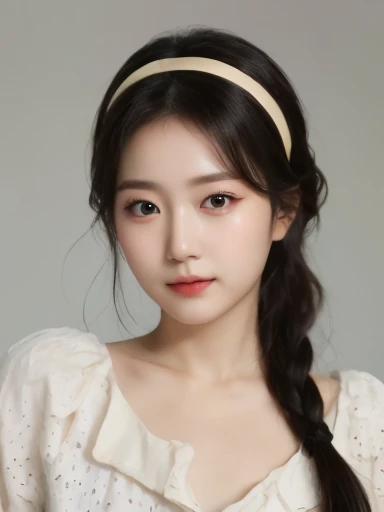 1girl, solo, realistic, black hair, portrait, black eyes, lips, closed mouth, hair between eyes, masterpiece,  (photorealistic), raw photo, korean girl, pretty girl, rounded eyes, delicate lips, cherry lips colored, perfect small nose, thin nose, youthful face, light colored clothing, normal expression