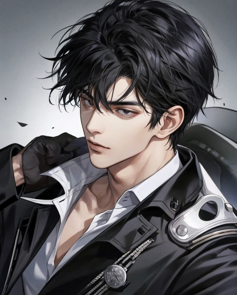 Mafia, A 20 year old man, jet black hair, black eyes, shirt, close up look.