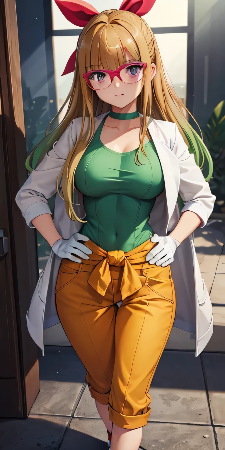 1 Female,High definition,high resolution,Ultra-realistic,8K, ohdoyuamu, 1girl, solo, long hair, green hair, blonde hair, brown hair, bow, ribbon, purple eyes, hair ribbon, hair bow, glasses, green choker, white gloves, blunt bangs, red-framed eyewear, jacket, green shirt, short sleeves, white jacket, clothes around waist, orange pants,large breasts,European,sexy,Upper body close-up,Photographed from the front,Dynamic Angles,(blush), (medium tits) ,(hands on hips),(full body),(brown shoes), standing 