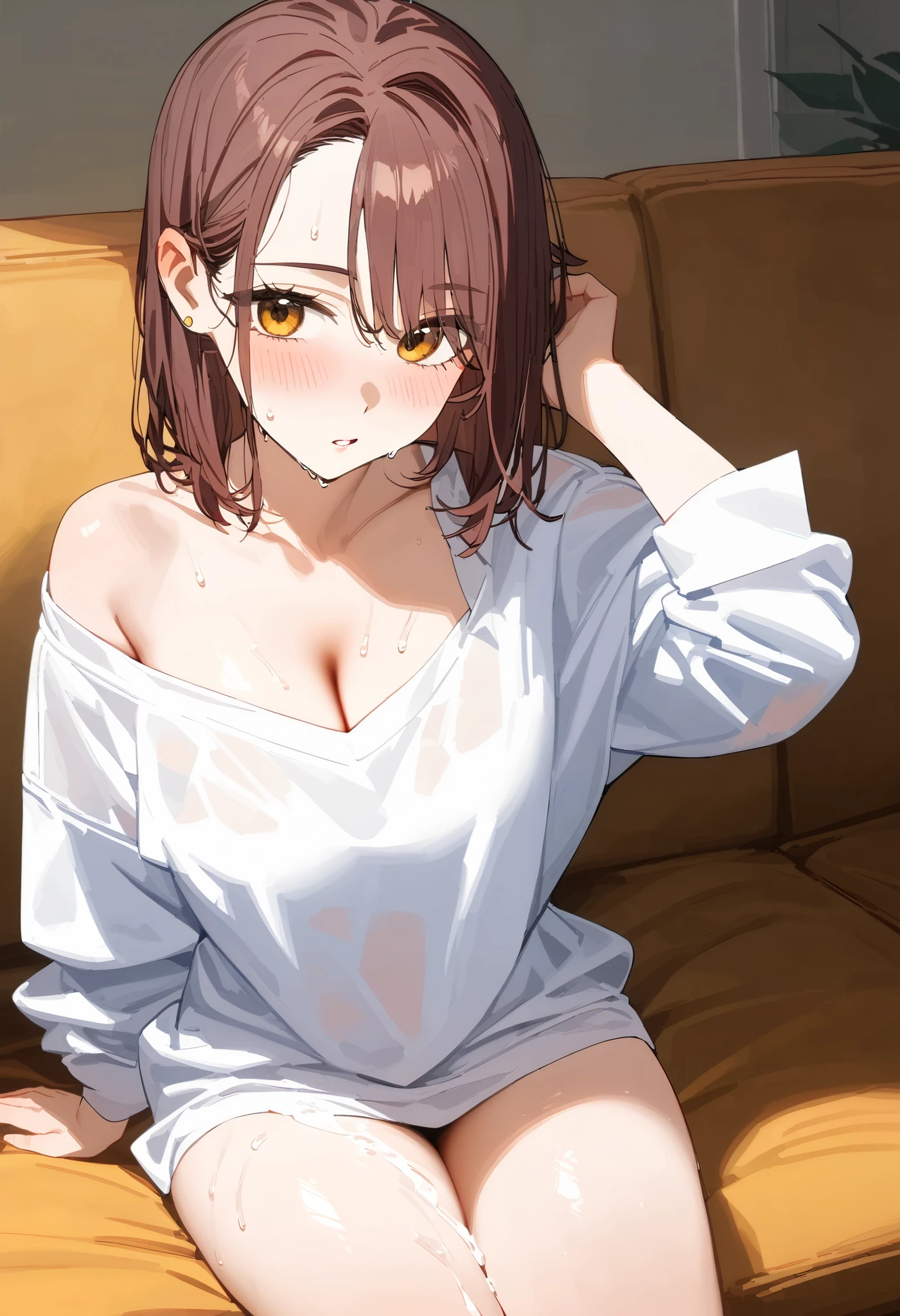 ((masterpiece, best quality:1.2)), 1 girl, alone, ((adult, mature woman)), tachibana kotoha, /(wind breaker/), looking at viewers, brown medium short hair, brown eyes, mole under left eye, parted lips, blushing, ((oversized white shirts)), cleavage, bare shoulders, ((sitting, sensual)), in the bedroom, on the sofa, sweaty, wet clothes, wet all over body