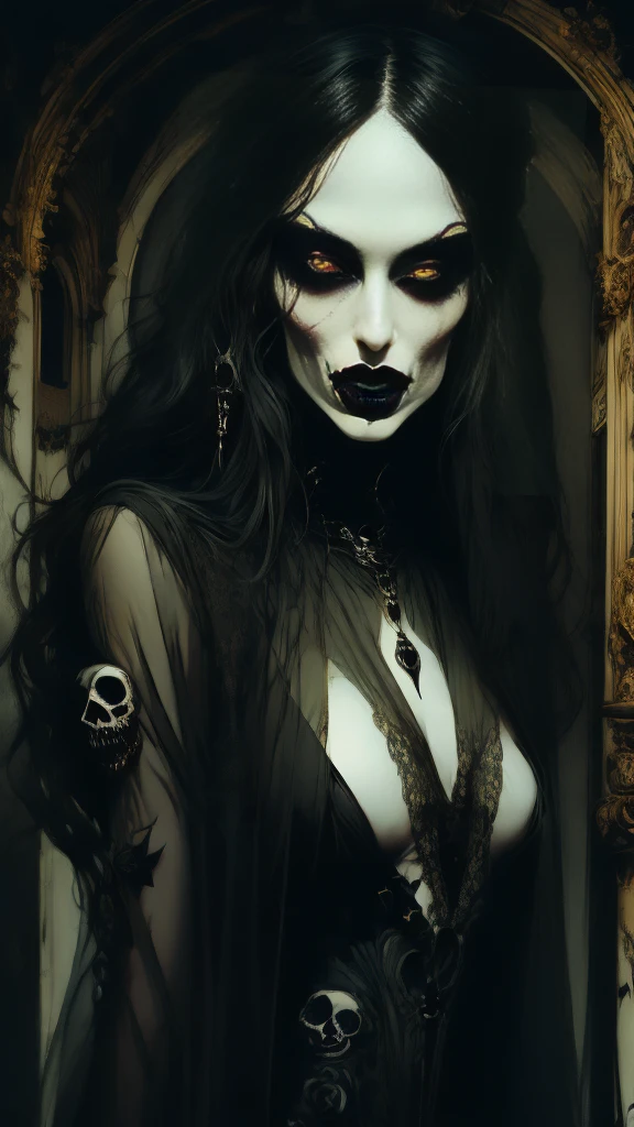 Vampire woman , (vampire), (goth vampire) ( full body), 8K, (( open eyes )),  full body, flawless face,  Girl with a soft body ,  Beautiful woman,  perfect face , (symmetrical), ((1 girl)), gothic beauty,  pale skin,  open eyes , ( open eyes  y detallados), realistic look, sharp focus face , realistic look texture, (( small breasts )),  super detailed skin , Skull background , [Cara sexy, analogue style,  dim and changing lighting , atmospheric, ((Very long and beautiful black hair )), ( long hair), Elegant semi-transparent dress, neckline, corset, socks,  beautiful face , make-up, black lipstick,  long eyelashes ,  beautiful legs . calaveras en el suelo