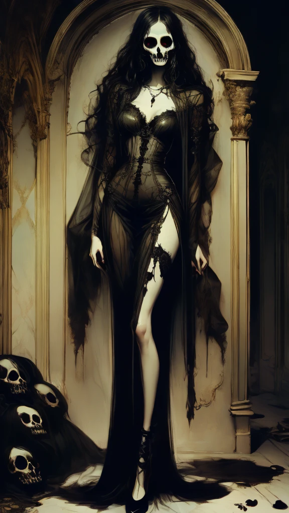 Vampire woman , (vampire), (goth vampire) ( full body), 8K, (( open eyes )),  full body, flawless face,  Girl with a soft body ,  Beautiful woman,  perfect face , (symmetrical), ((1 girl)), gothic beauty,  pale skin,  open eyes , ( open eyes  y detallados), realistic look, sharp focus face , realistic look texture, (( small breasts )),  super detailed skin , Skull background , [Cara sexy, analogue style,  dim and changing lighting , atmospheric, ((Very long and beautiful black hair )), ( long hair), Elegant semi-transparent dress, neckline, corset, socks,  beautiful face , make-up, black lipstick,  long eyelashes ,  beautiful legs . calaveras en el suelo