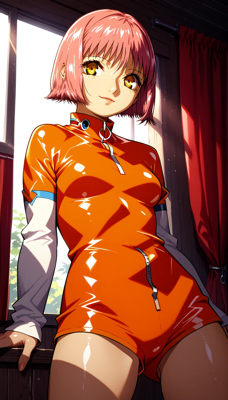 MikuraSuzuki,1girl,pink hair,bob_cut,yellow eyes, orange body suit,white sleeves,zipper,latex, shorts,raw legs, shiny skin, looking at viewer, cowboy shot, spread legs, from below, seductive smile, BREAK sunlight, day, sunbeam, indoors, light rays, curtains, modern theme,