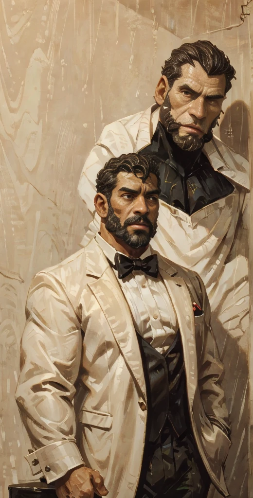 2boys, A very hyper muscular realistic old Brazilian god black gold marble stud statue carefully detailed wearing a ghostly  business zegna blazer, shirt tight, bow tie, fundo neutro, Moody, , fotorrealista, Jantar de cinema atencioso, super detalhada, Hiper realista, luzes brilhantes, 8 mil em 8k