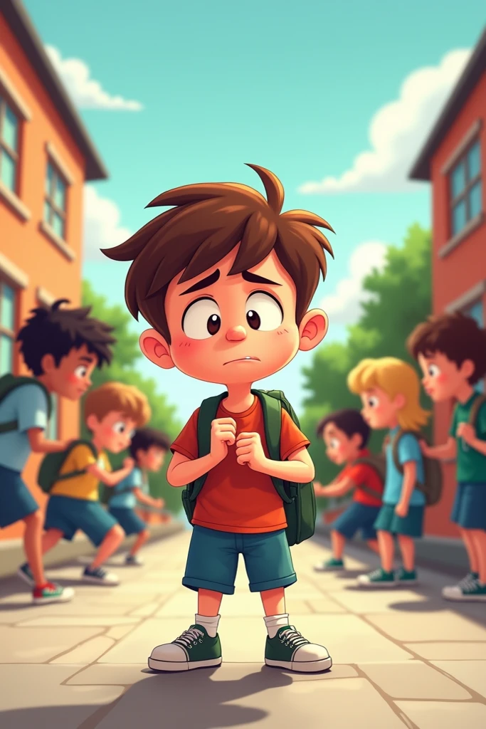 kids making fun of another sad crying ??? with puzzle backpack