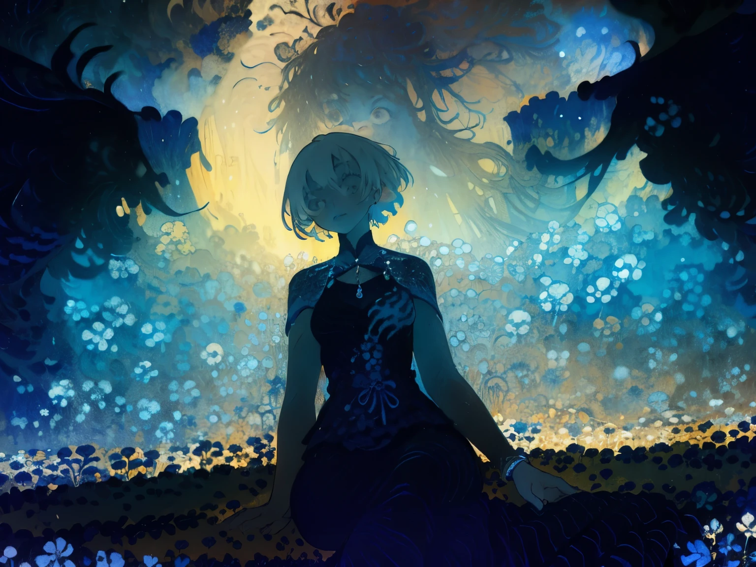 woman, flower dress, colorful, dark background, made of (blue and white and black:1.4) colors, advertising composition, (complex [detailed : atmosphere]:1.3)