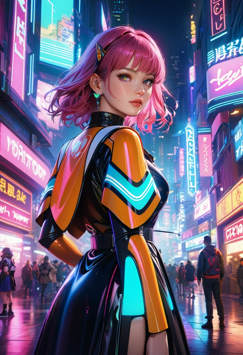 1girl, virtual idol, beautiful girl, 1980s retro digital world, technopop, vibrant colors, dress, long boots, detailed eyes, detailed lips, extremely detailed face, cinematic lighting, volumetric fog, neon lights, glowing cyberpunk city, intricate futuristic architecture, (best quality,4k,8k,highres,masterpiece:1.2),ultra-detailed,(realistic,photorealistic,photo-realistic:1.37),depth of field,cinematic angle