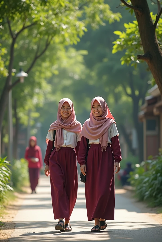 Group of 16 teenagers friends.4 muslim girls wearing hijab,2 muslim boys wear muslims traditional attires,4 chinese girls wearing Chinese traditional attires,2 Chinese boys wearing chinese attires,3 Indian girls wearing Indian attires and 1 Indian boy wearing Indian attire,all 16 wearing same color standing infront of a highschool in Malaysia 