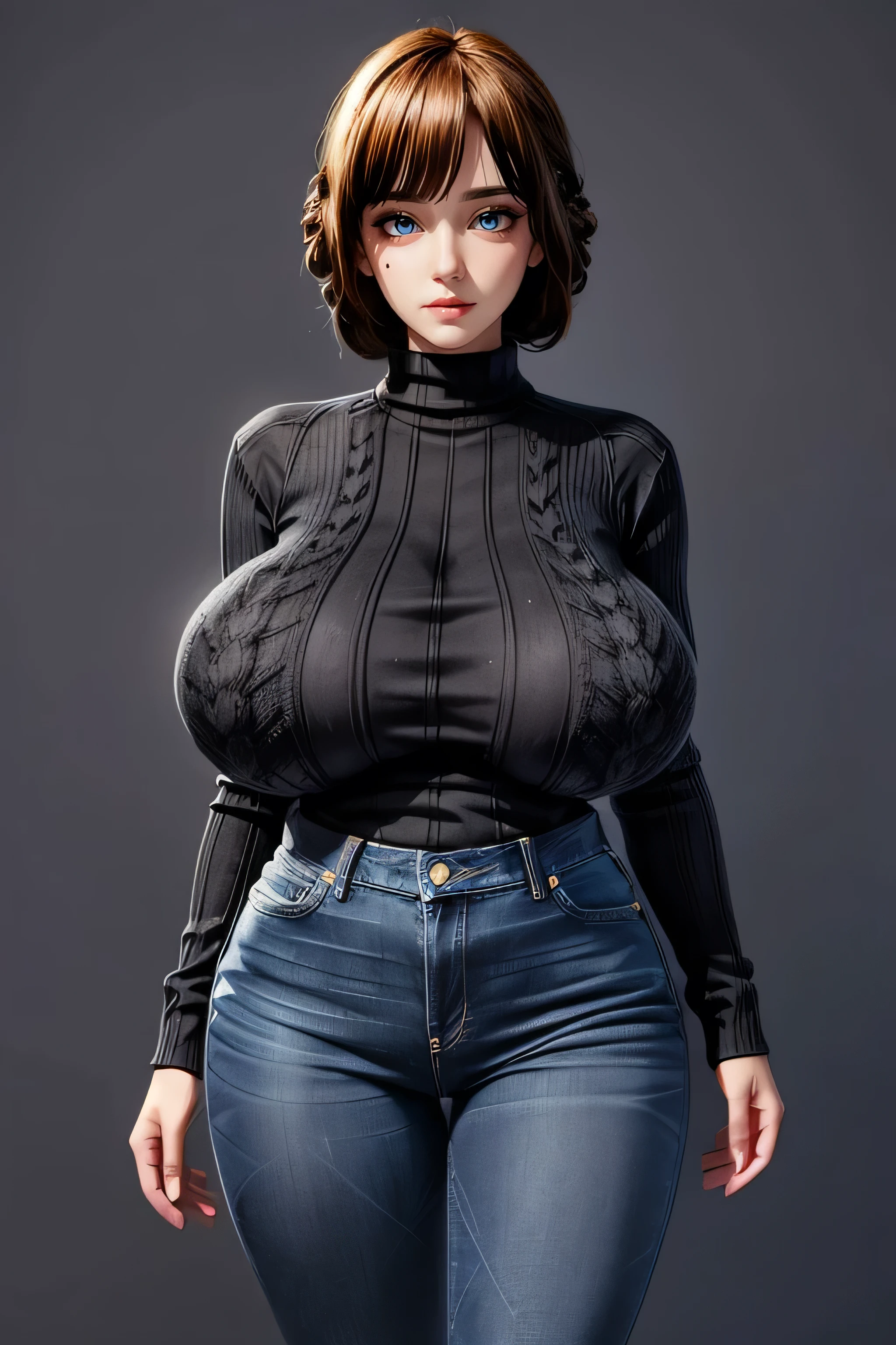 highest quality Ultra-high resolution, 8k, RAW Photos, Realistic: 1.3), 1 Female,One Girl, Braiding, single Braiding,(black short hair), (Milf, Motherly, Elegant, Bitch,),((((wearing black sweater))), (((tight jeans))) )),Detailed face:1.3), Showcase, (Perfect Eyes:1.3) ,(Realistic:1.3), 8k Ultra HD ,,(huge breasts:1.8)((hanging breasts:1.3)),View Viewer,Open your mouth wide:1.8
