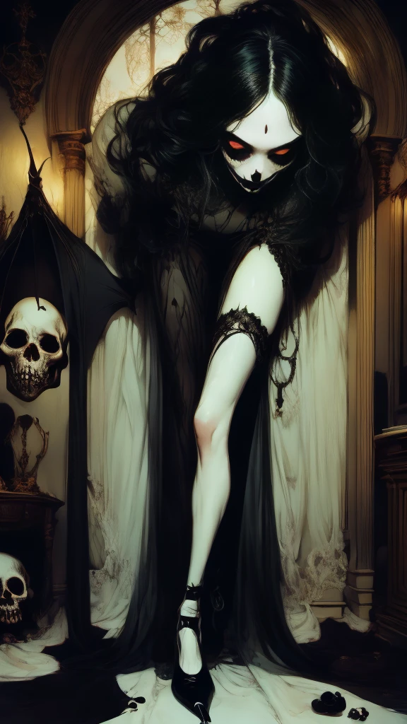 Vampire woman , (vampire), (goth vampire) ( full body), 8K, (( open eyes )),  full body, flawless face, beautiful face,   Girl with a soft body ,  Beautiful woman,  perfect face , (symmetrical), ((1 girl)), gothic beauty,  pale skin,  open eyes , ( open eyes  y detallados), realistic look, sharp focus face , realistic look texture, (( small breasts )),  super detailed skin , Skull background , [Cara sexy, analogue style,  dim and changing lighting , atmospheric, ((Very long and beautiful black hair )), ( long hair), Elegant semi-transparent dress, neckline, corset, socks,  beautiful face , make-up, black lipstick,  long eyelashes ,  beautiful legs . calaveras en el suelo